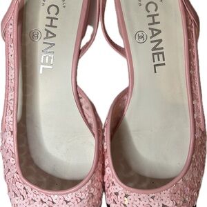 CHANEL Pink Flats with Intricate Lace Design